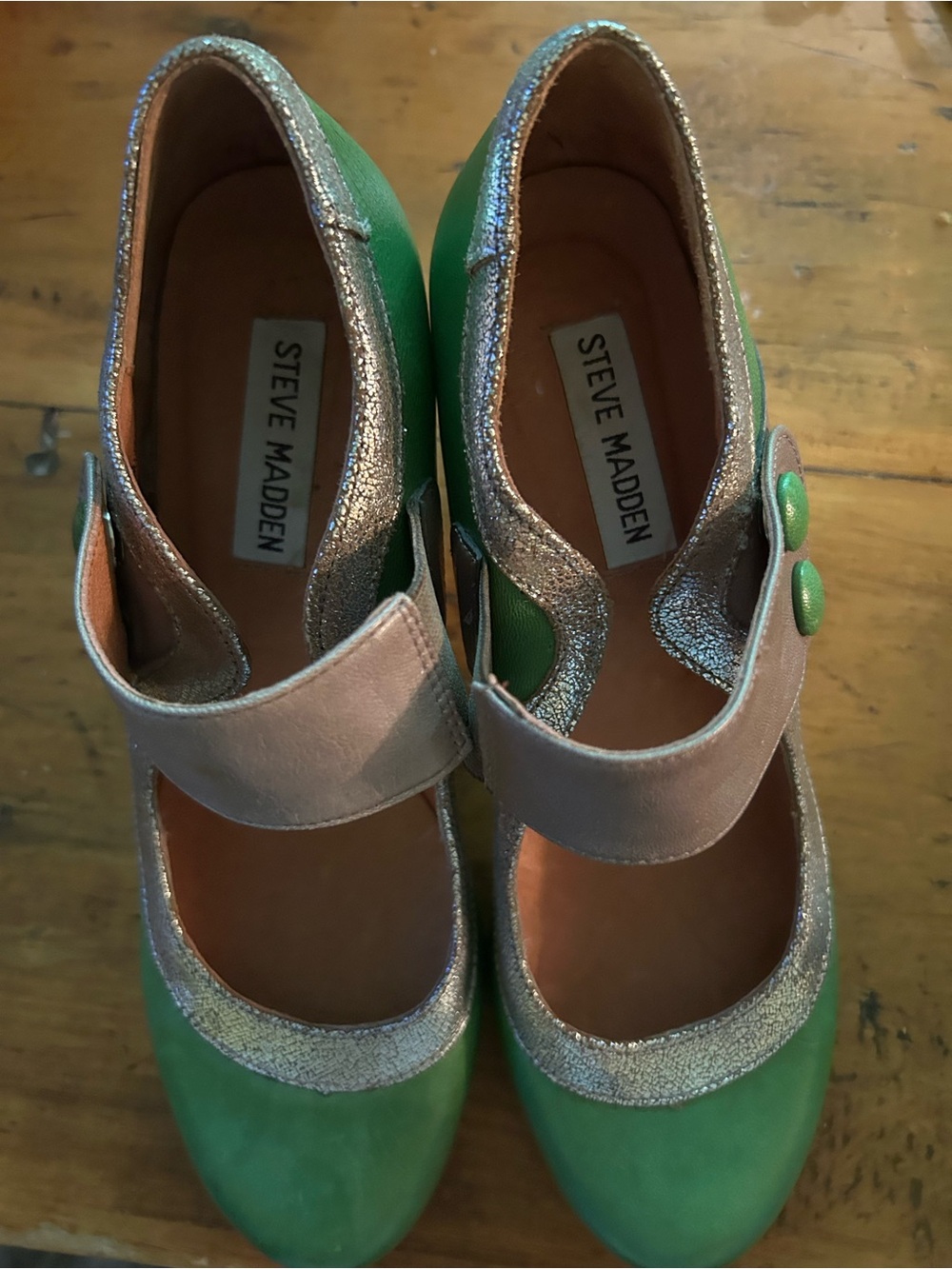 Steve Madden Green Suede Mary Jane Heels with Metallic Accents